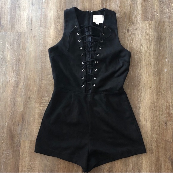 Black Suede Lace-Up Romper - Picture 1 of 4
